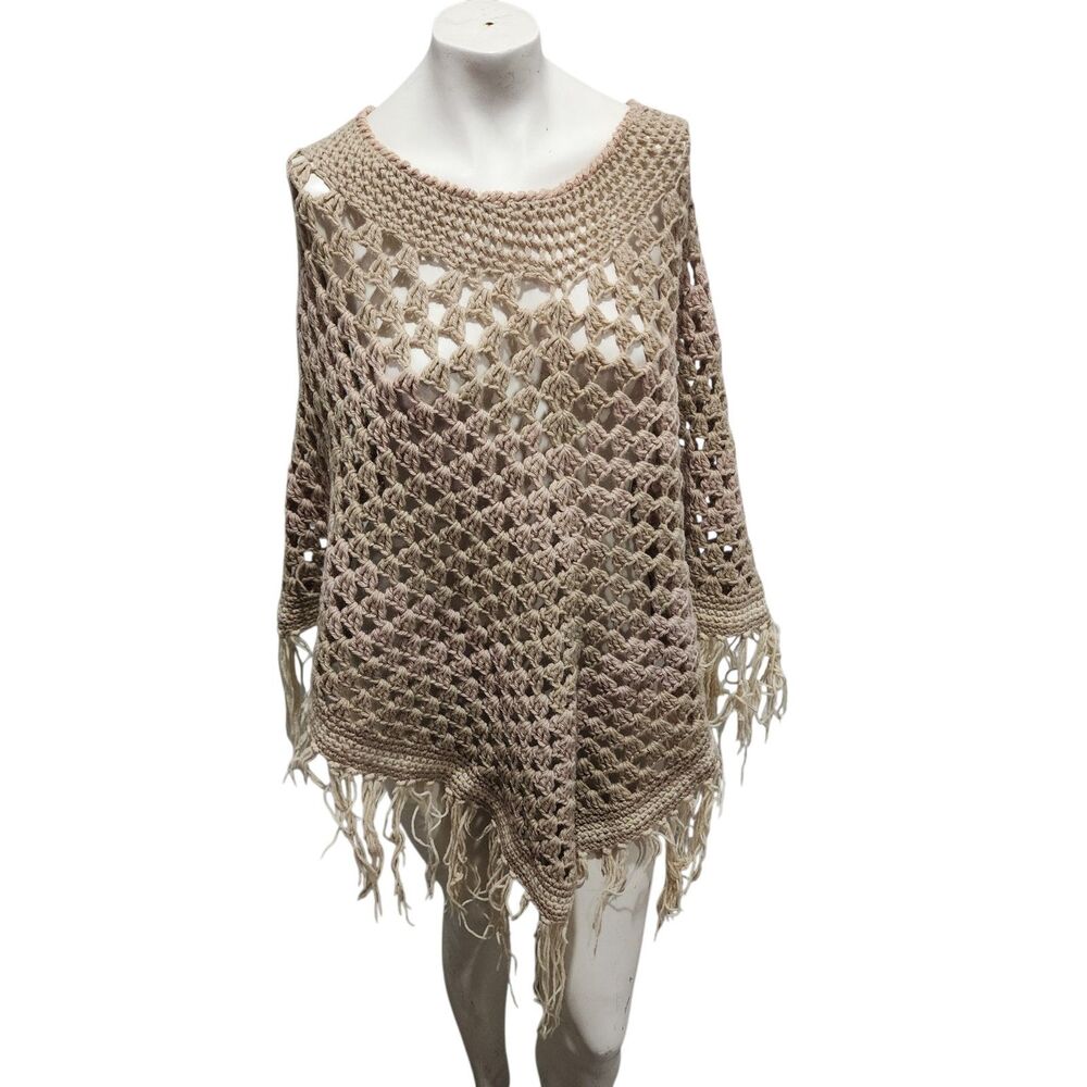 Antonella Italian Crochet Shawl Poncho Fringe‎ Beige Boho Open Knit